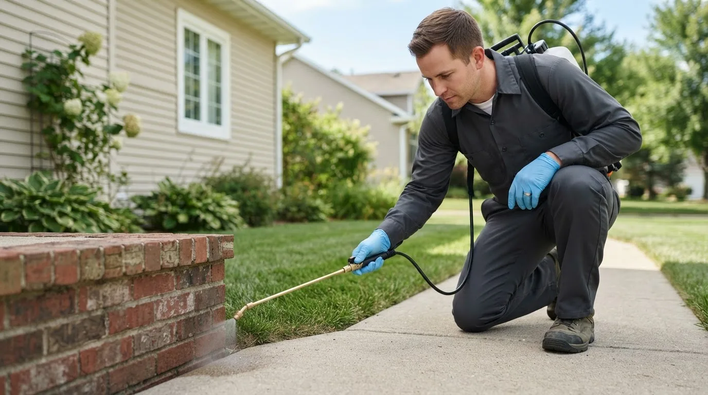 Pest control technician treating a home near Rolling Prairie, IN