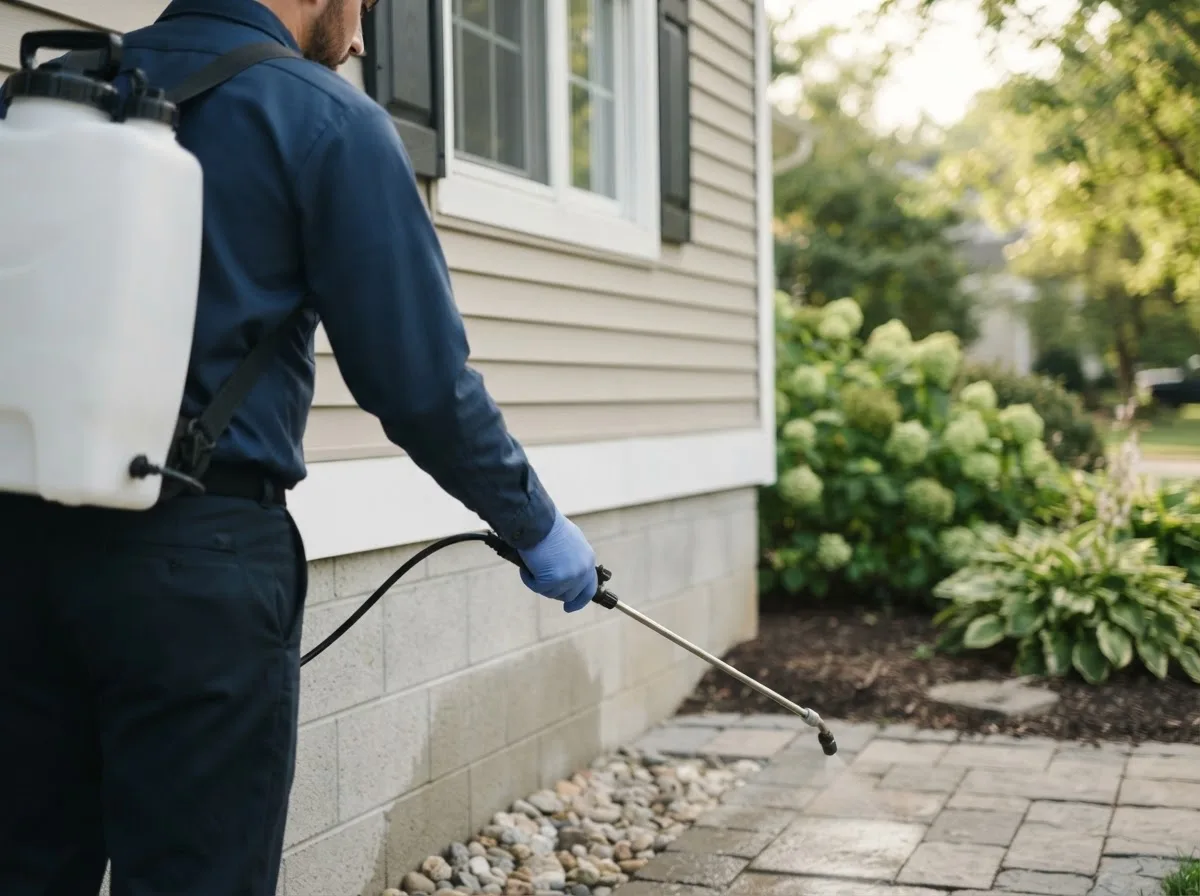 Pest control technician inspecting a home in Rolling Prairie, IN